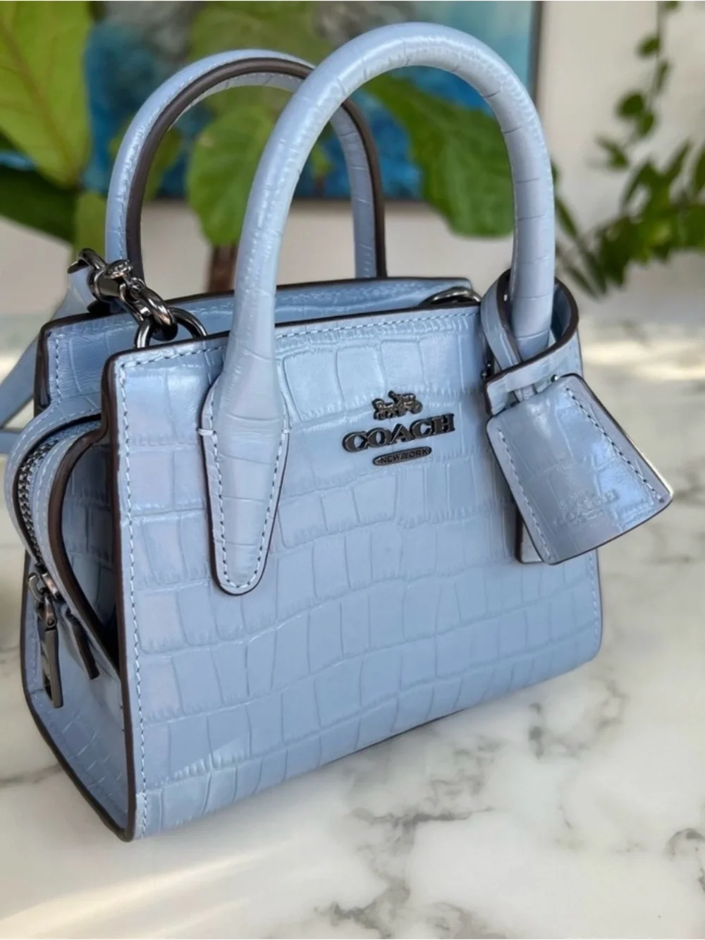 Coach Andrea Mini Carryall Crocodile Embossed Cornflower Blue Crossbody CR209